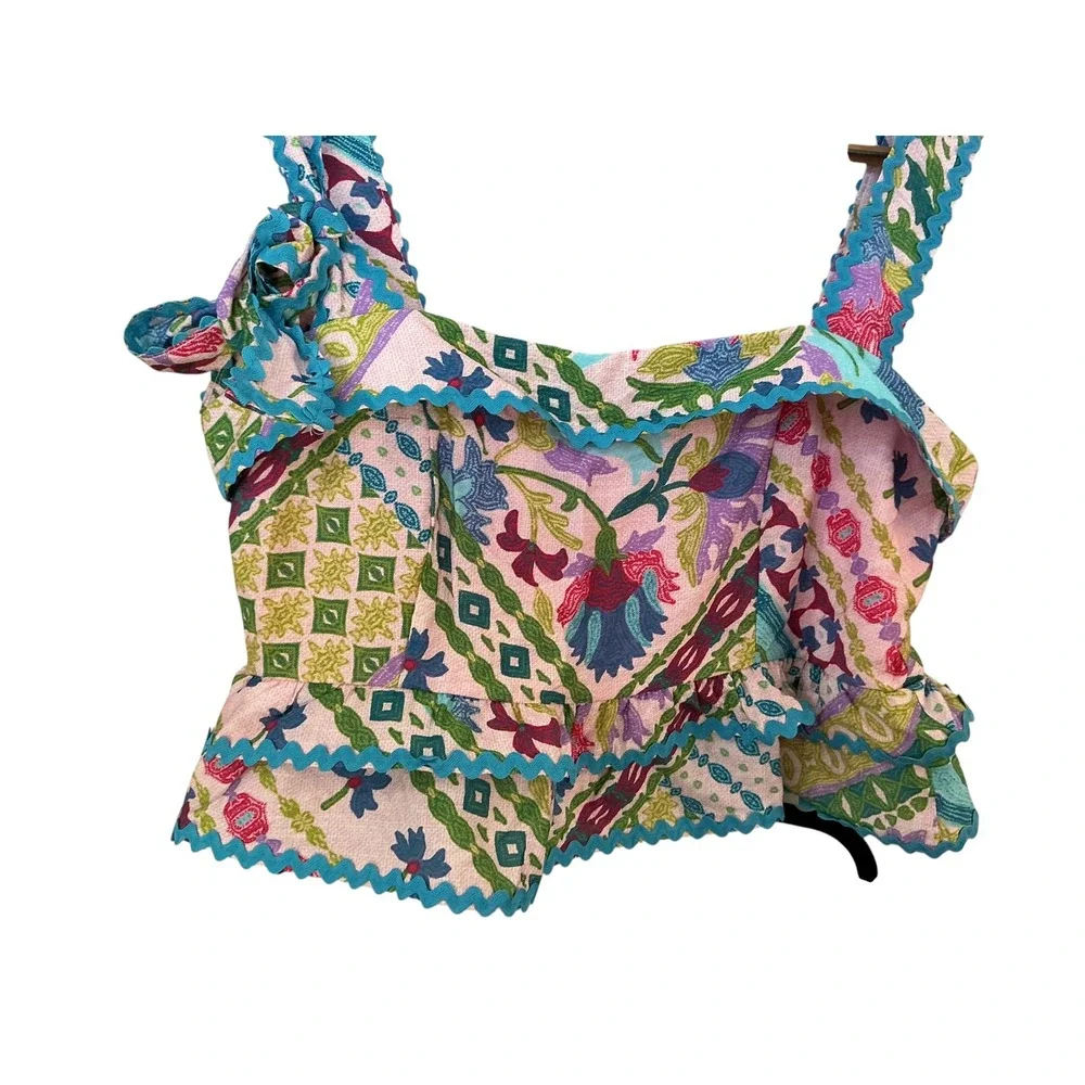 HerringStones Floral Patchwork 2 Piece Set Pink Blue Rickrack Ruffle‎ Skirt L